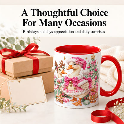 #pl[11oz|Red] Christmas Geese Ceramic Mug, Pink Bow Candy Cane Holiday Artwork