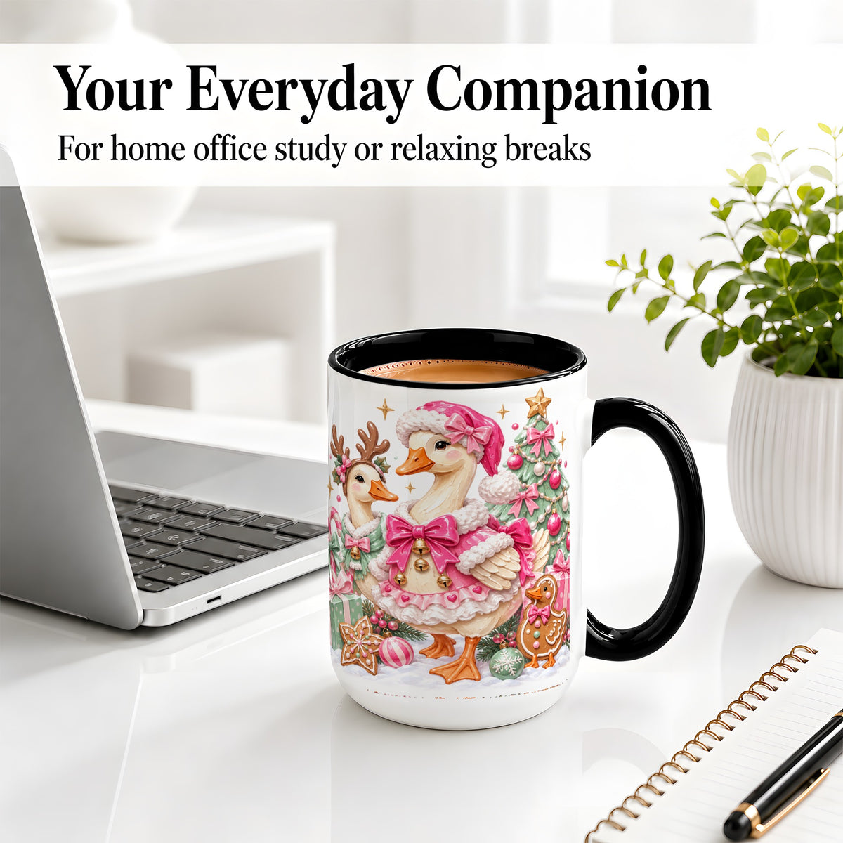 #pl[15oz|Black] Christmas Geese Ceramic Mug, Pink Bow Candy Cane Holiday Artwork