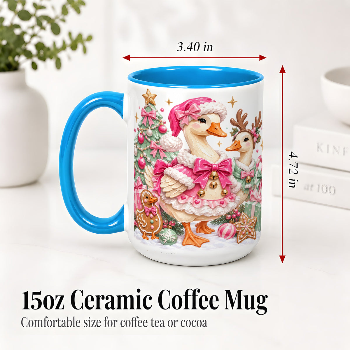 #pl[15oz|Blue] Christmas Geese Ceramic Mug, Pink Bow Candy Cane Holiday Artwork