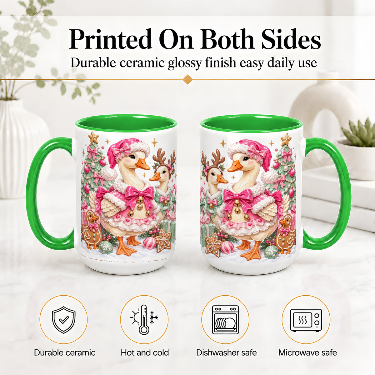 #pl[15oz|Green] Christmas Geese Ceramic Mug, Pink Bow Candy Cane Holiday Artwork