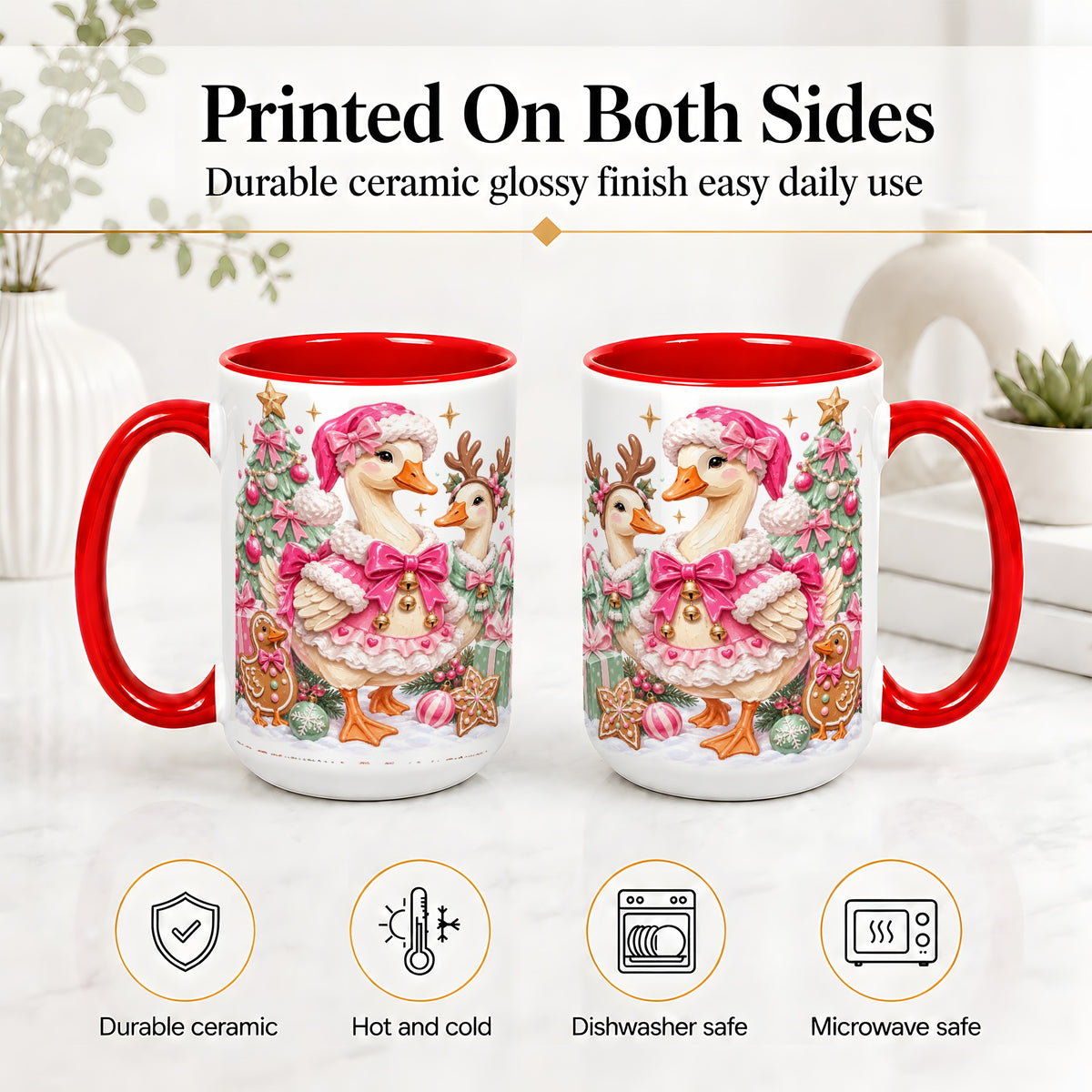 #pl[15oz|Red] Christmas Geese Ceramic Mug, Pink Bow Candy Cane Holiday Artwork