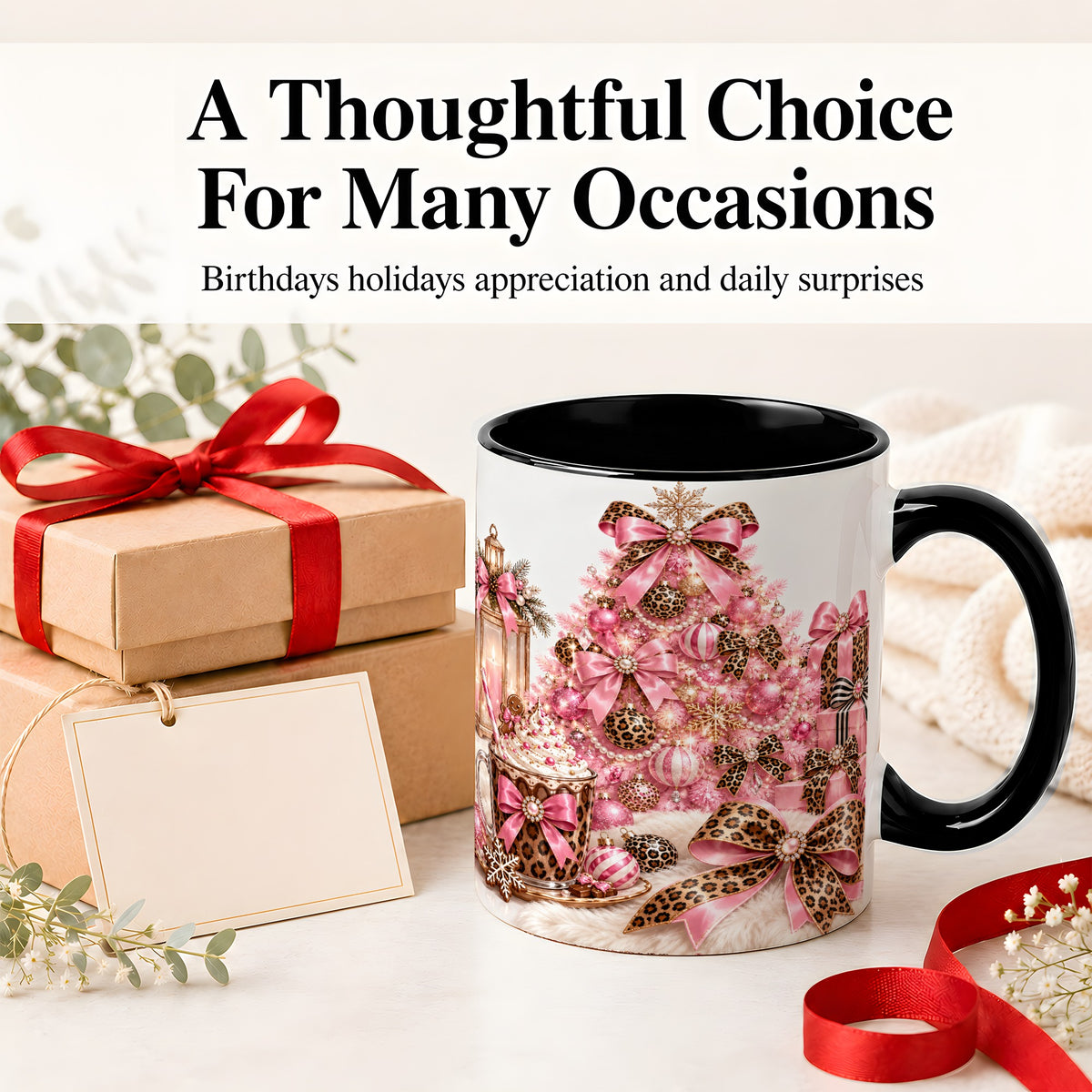 #pl[11oz|Black] Pink Leopard Christmas Ceramic Mug, Tree and Cocoa Holiday Artwork