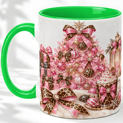 #pl[11oz|Green] Pink Leopard Christmas Ceramic Mug, Tree and Cocoa Holiday Artwork