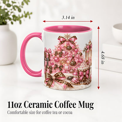 #pl[11oz|Pink] Pink Leopard Christmas Ceramic Mug, Tree and Cocoa Holiday Artwork