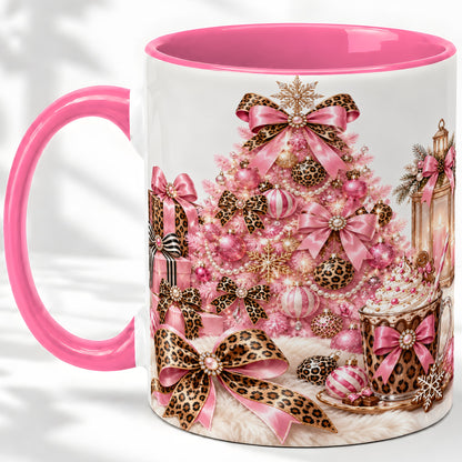 #pl[11oz|Pink] Pink Leopard Christmas Ceramic Mug, Tree and Cocoa Holiday Artwork