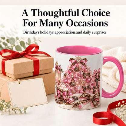 #pl[11oz|Pink] Pink Leopard Christmas Ceramic Mug, Tree and Cocoa Holiday Artwork