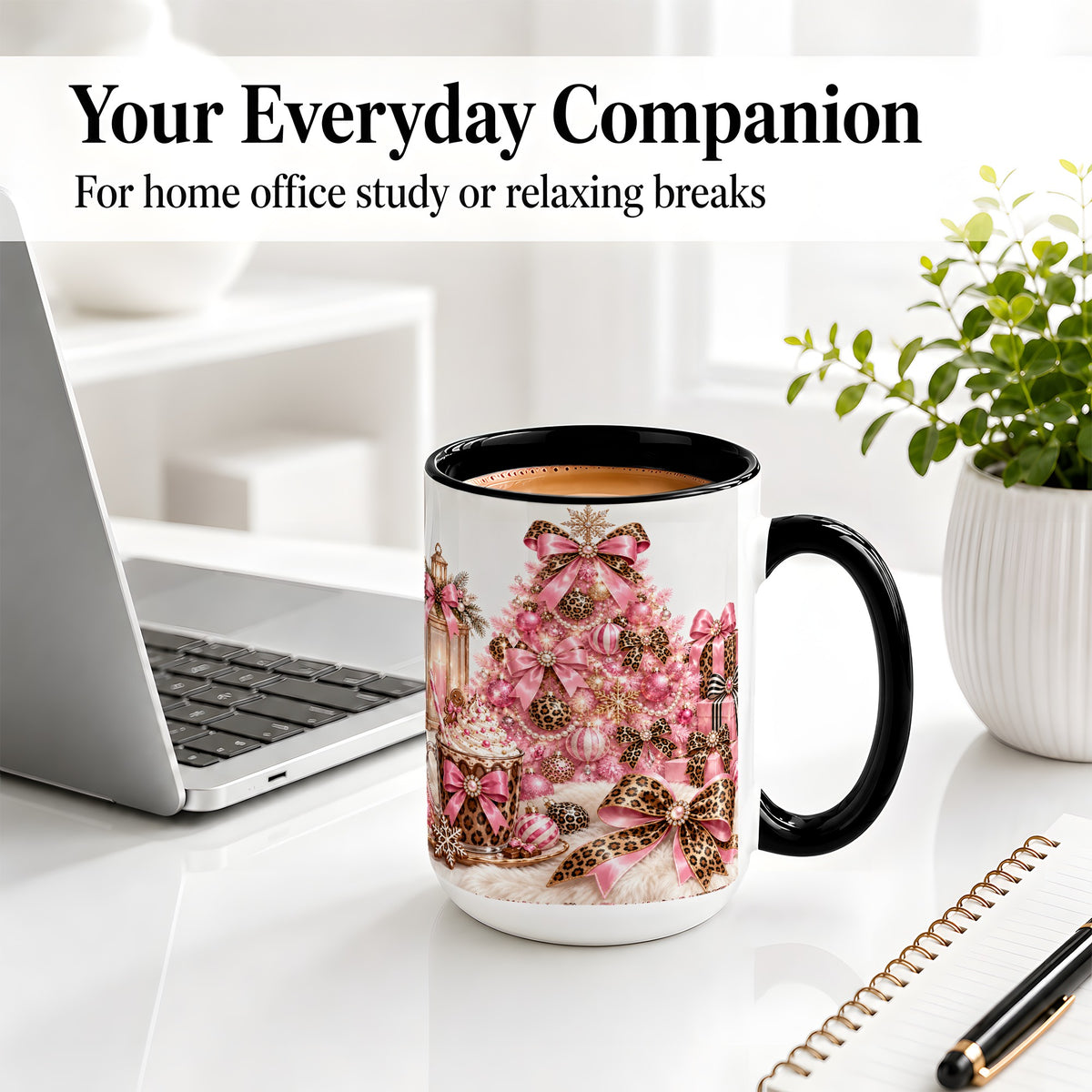 #pl[15oz|Black] Pink Leopard Christmas Ceramic Mug, Tree and Cocoa Holiday Artwork