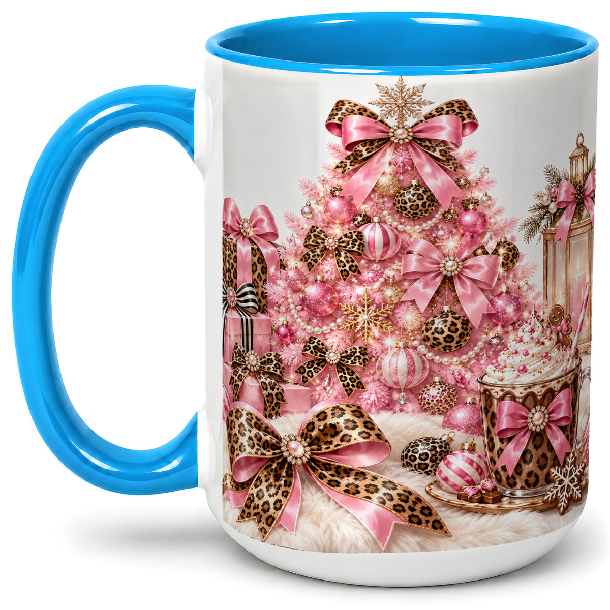 #pl[15oz|Blue] Pink Leopard Christmas Ceramic Mug, Tree and Cocoa Holiday Artwork