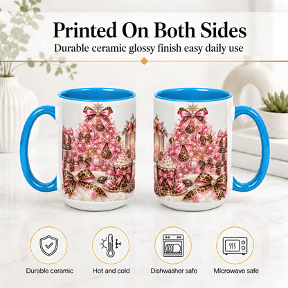 #pl[15oz|Blue] Pink Leopard Christmas Ceramic Mug, Tree and Cocoa Holiday Artwork