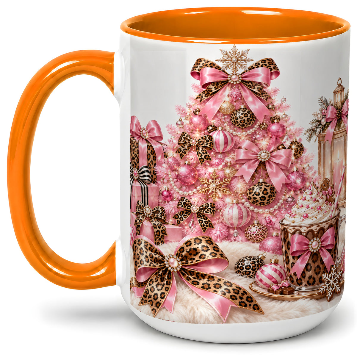 #pl[15oz|Orange] Pink Leopard Christmas Ceramic Mug, Tree and Cocoa Holiday Artwork