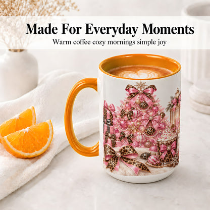#pl[15oz|Orange] Pink Leopard Christmas Ceramic Mug, Tree and Cocoa Holiday Artwork