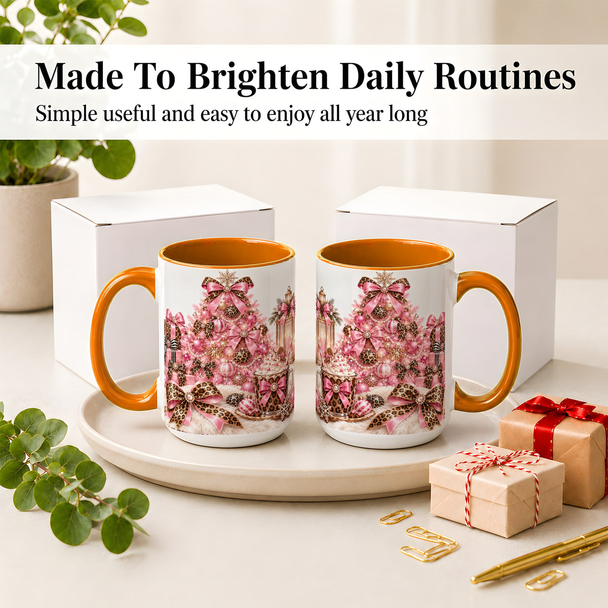 #pl[15oz|Orange] Pink Leopard Christmas Ceramic Mug, Tree and Cocoa Holiday Artwork