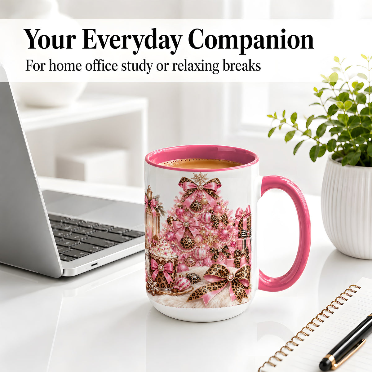#pl[15oz|Pink] Pink Leopard Christmas Ceramic Mug, Tree and Cocoa Holiday Artwork