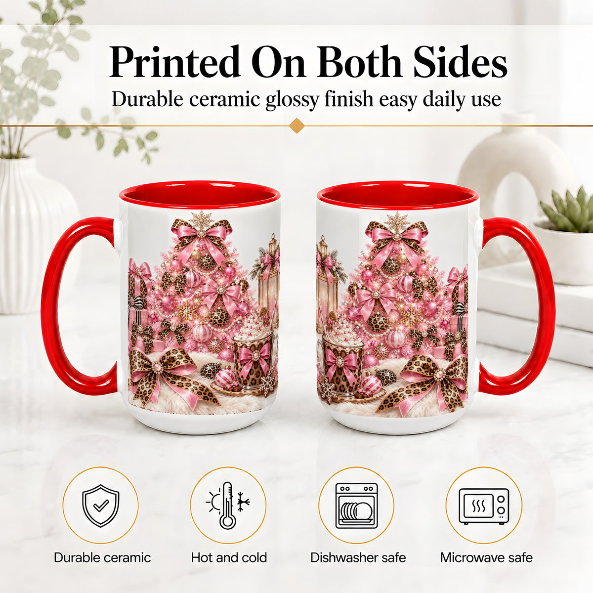 #pl[15oz|Red] Pink Leopard Christmas Ceramic Mug, Tree and Cocoa Holiday Artwork