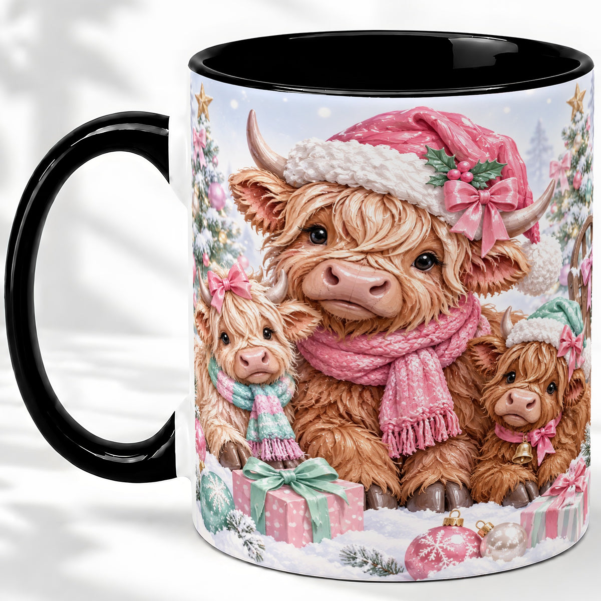 #pl[11oz|Black] Highland Cow Christmas Ceramic Mug, Pink Winter Holiday Artwork