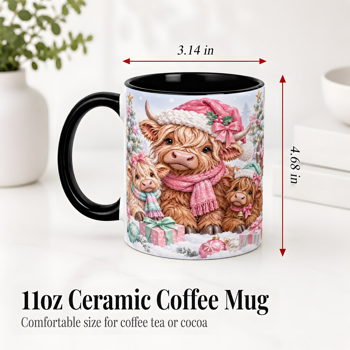 #pl[11oz|Black] Highland Cow Christmas Ceramic Mug, Pink Winter Holiday Artwork