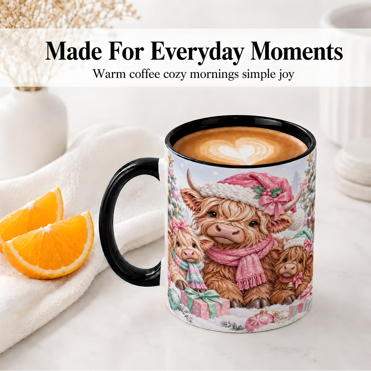 #pl[11oz|Black] Highland Cow Christmas Ceramic Mug, Pink Winter Holiday Artwork