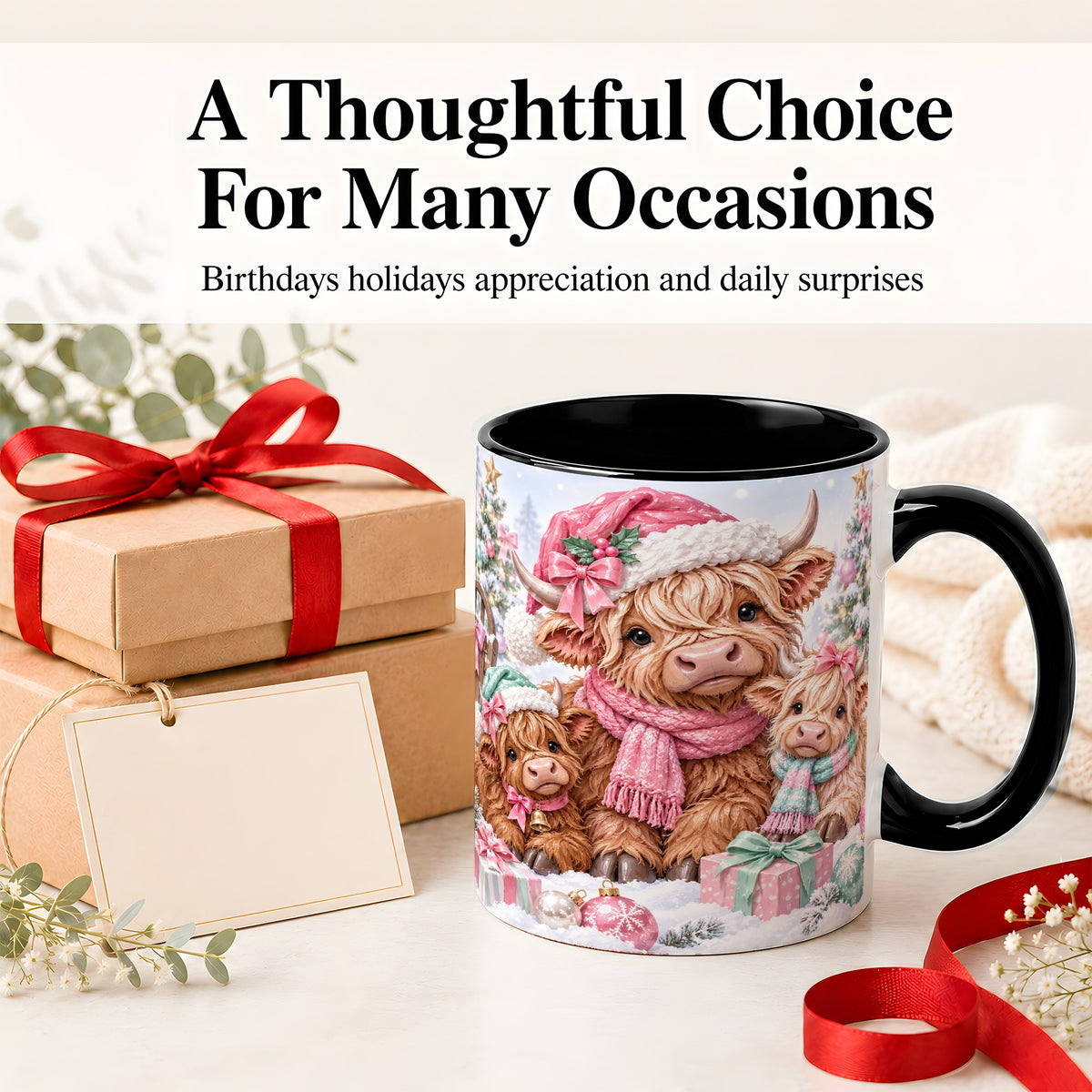 #pl[11oz|Black] Highland Cow Christmas Ceramic Mug, Pink Winter Holiday Artwork