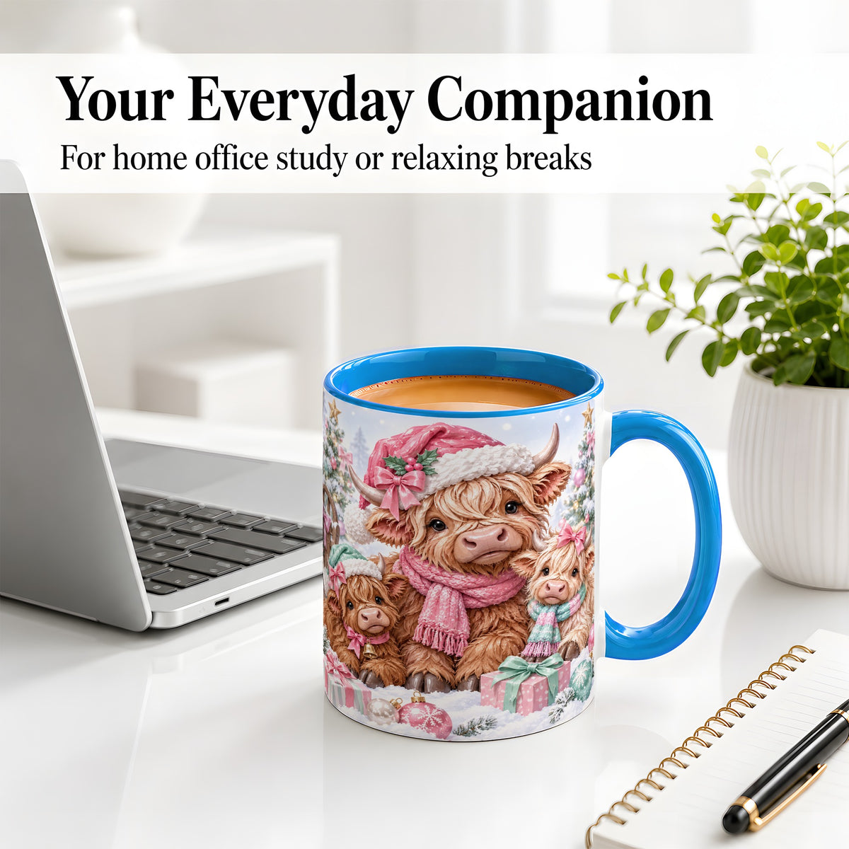 #pl[11oz|Blue] Highland Cow Christmas Ceramic Mug, Pink Winter Holiday Artwork