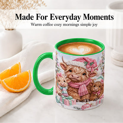 #pl[11oz|Green] Highland Cow Christmas Ceramic Mug, Pink Winter Holiday Artwork