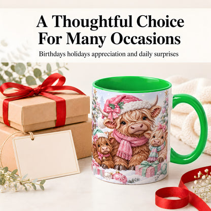 #pl[11oz|Green] Highland Cow Christmas Ceramic Mug, Pink Winter Holiday Artwork