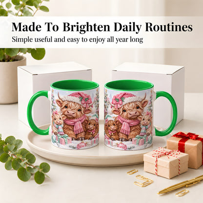 #pl[11oz|Green] Highland Cow Christmas Ceramic Mug, Pink Winter Holiday Artwork