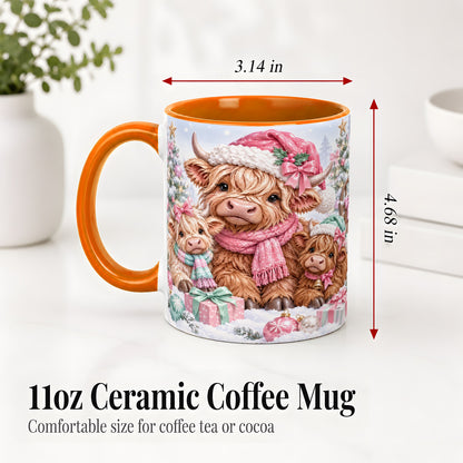 #pl[11oz|Orange] Highland Cow Christmas Ceramic Mug, Pink Winter Holiday Artwork