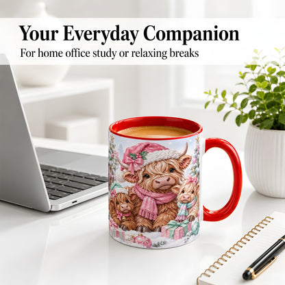 #pl[11oz|Red] Highland Cow Christmas Ceramic Mug, Pink Winter Holiday Artwork