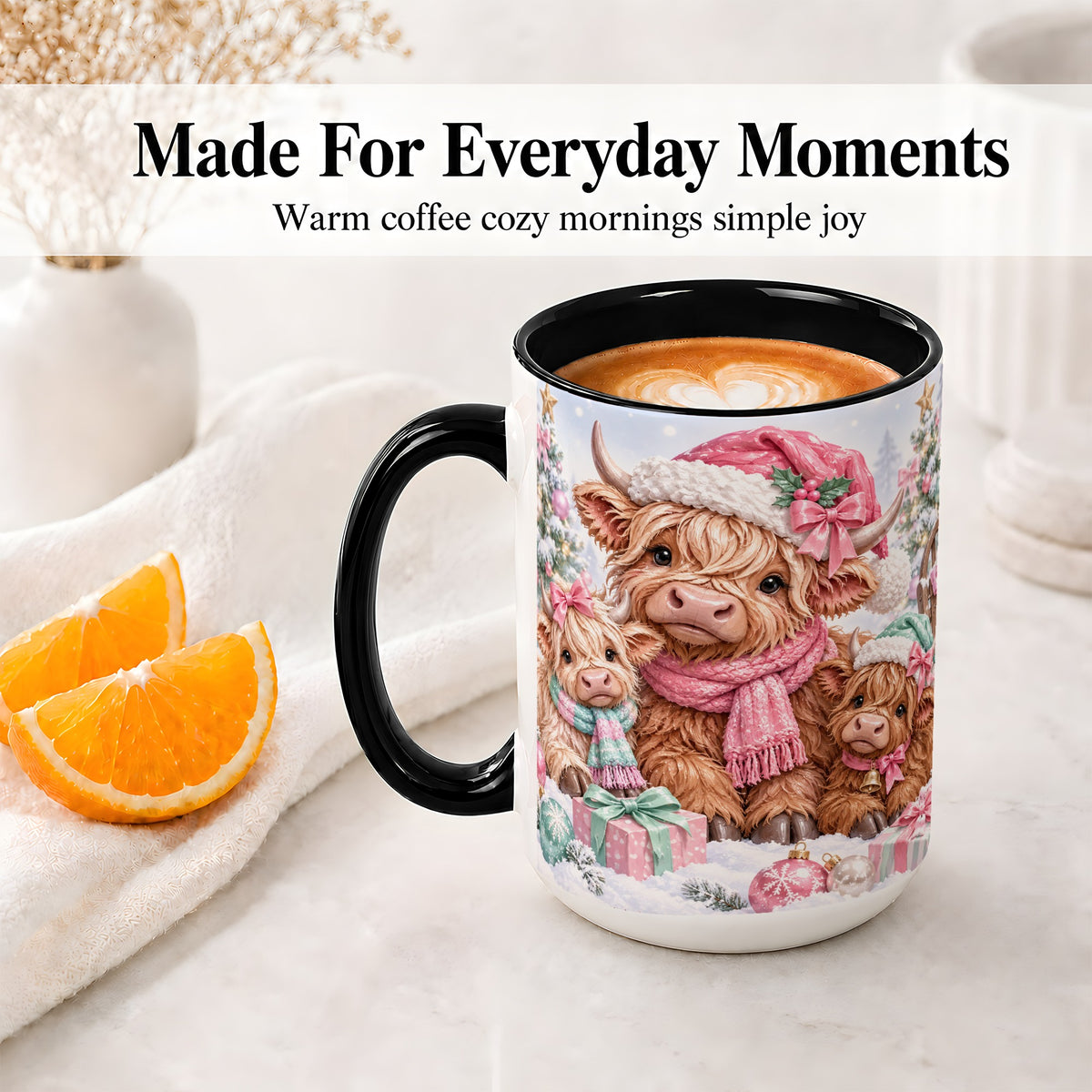 #pl[15oz|Black] Highland Cow Christmas Ceramic Mug, Pink Winter Holiday Artwork