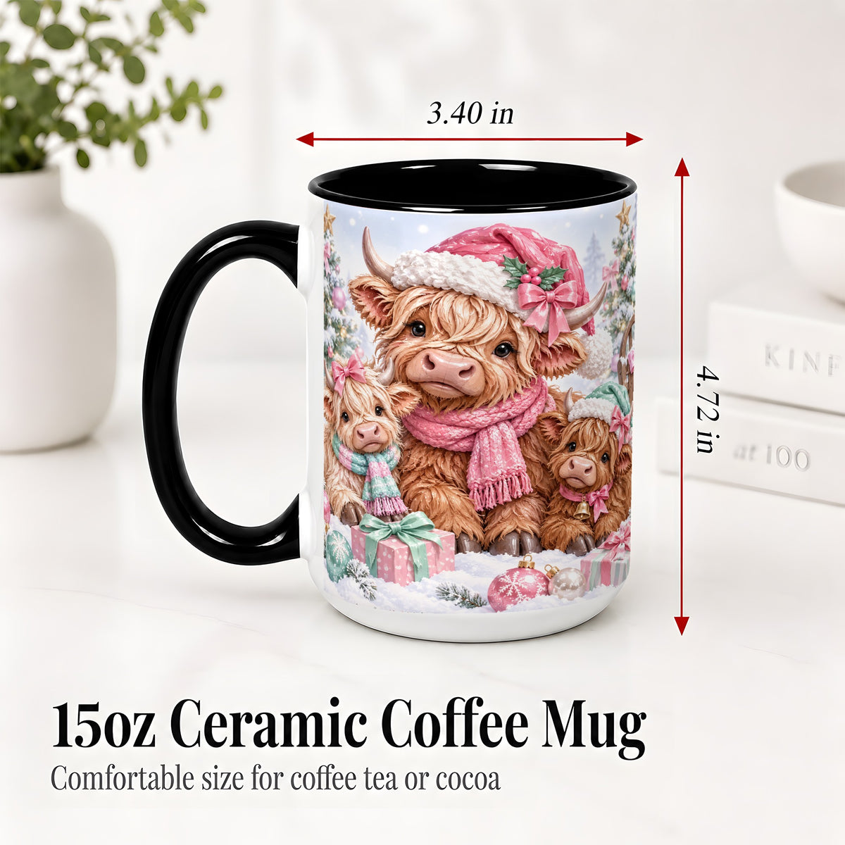 #pl[15oz|Black] Highland Cow Christmas Ceramic Mug, Pink Winter Holiday Artwork