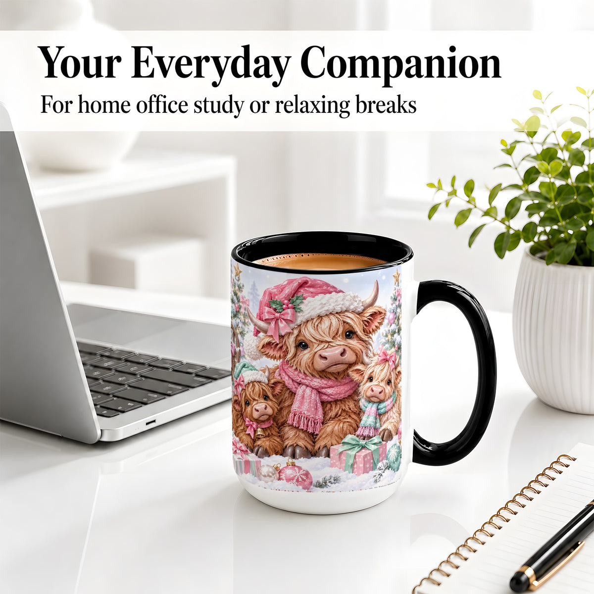 #pl[15oz|Black] Highland Cow Christmas Ceramic Mug, Pink Winter Holiday Artwork