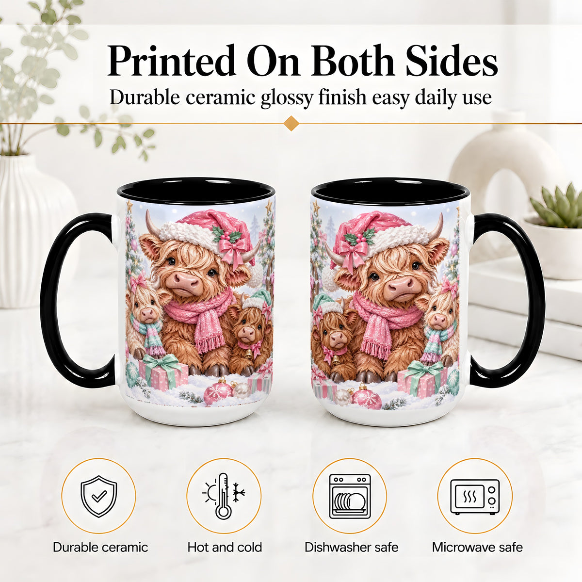 #pl[15oz|Black] Highland Cow Christmas Ceramic Mug, Pink Winter Holiday Artwork