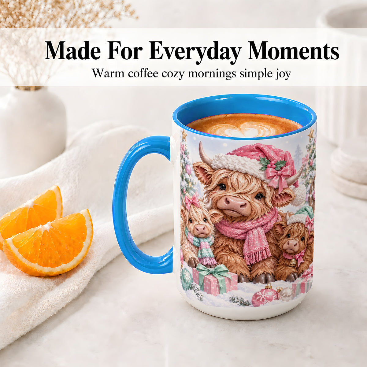#pl[15oz|Blue] Highland Cow Christmas Ceramic Mug, Pink Winter Holiday Artwork