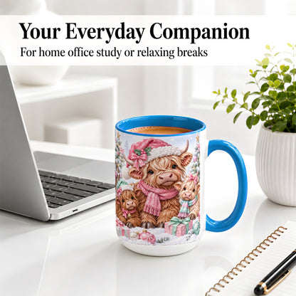 #pl[15oz|Blue] Highland Cow Christmas Ceramic Mug, Pink Winter Holiday Artwork