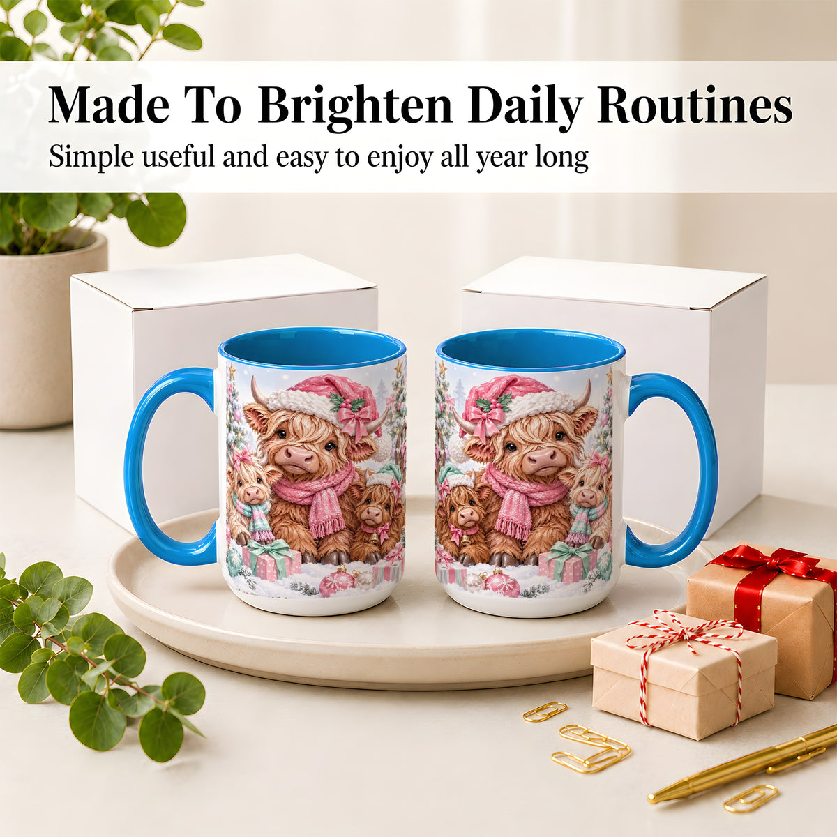#pl[15oz|Blue] Highland Cow Christmas Ceramic Mug, Pink Winter Holiday Artwork