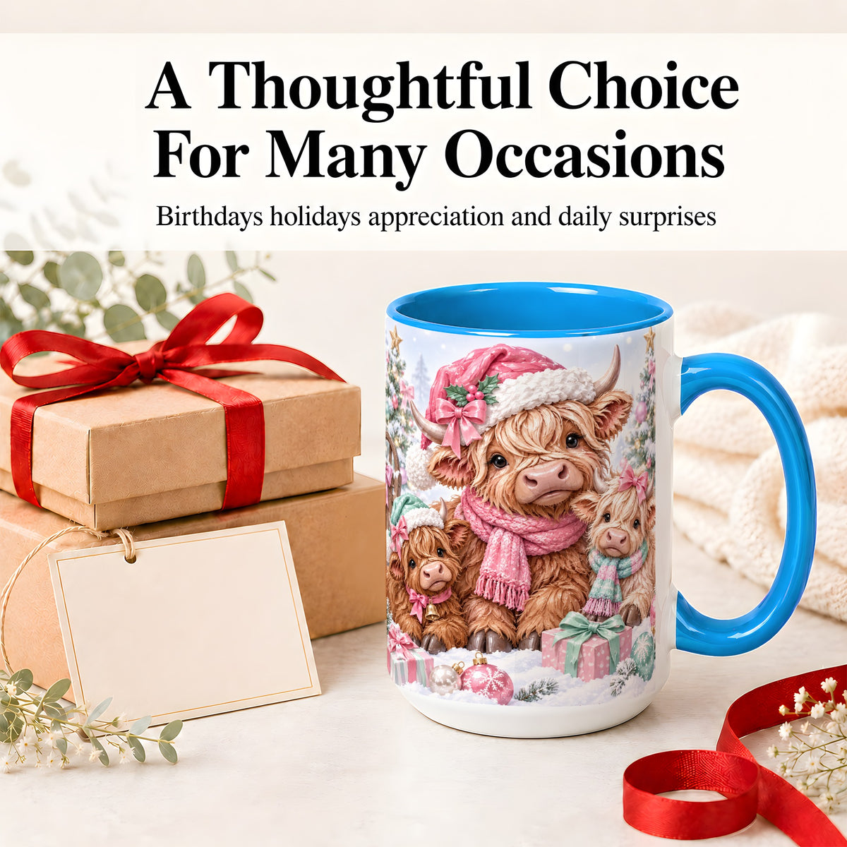 #pl[15oz|Blue] Highland Cow Christmas Ceramic Mug, Pink Winter Holiday Artwork