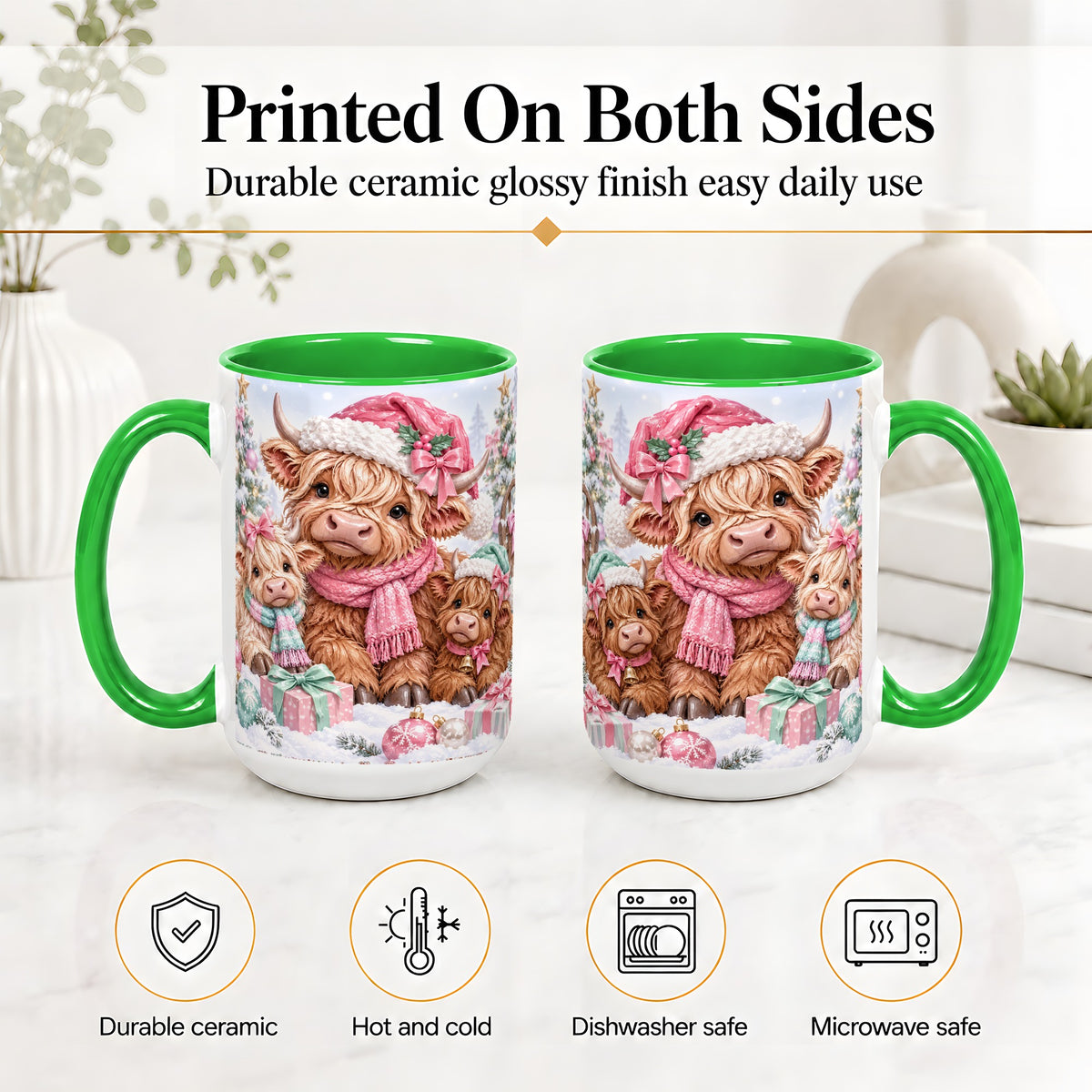 #pl[15oz|Green] Highland Cow Christmas Ceramic Mug, Pink Winter Holiday Artwork