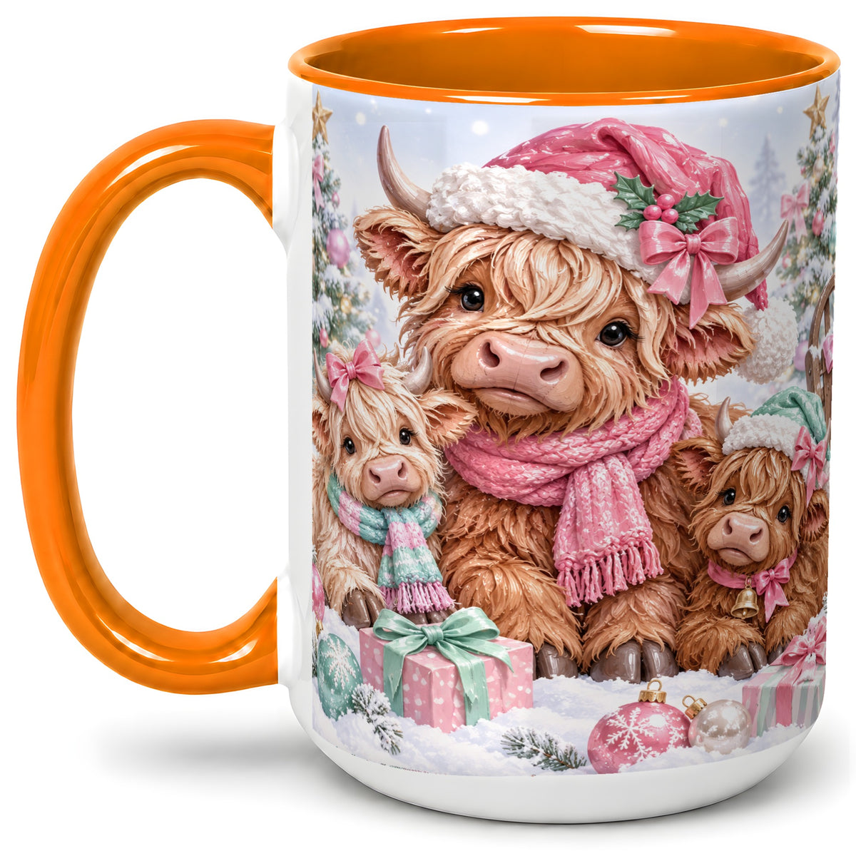#pl[15oz|Orange] Highland Cow Christmas Ceramic Mug, Pink Winter Holiday Artwork