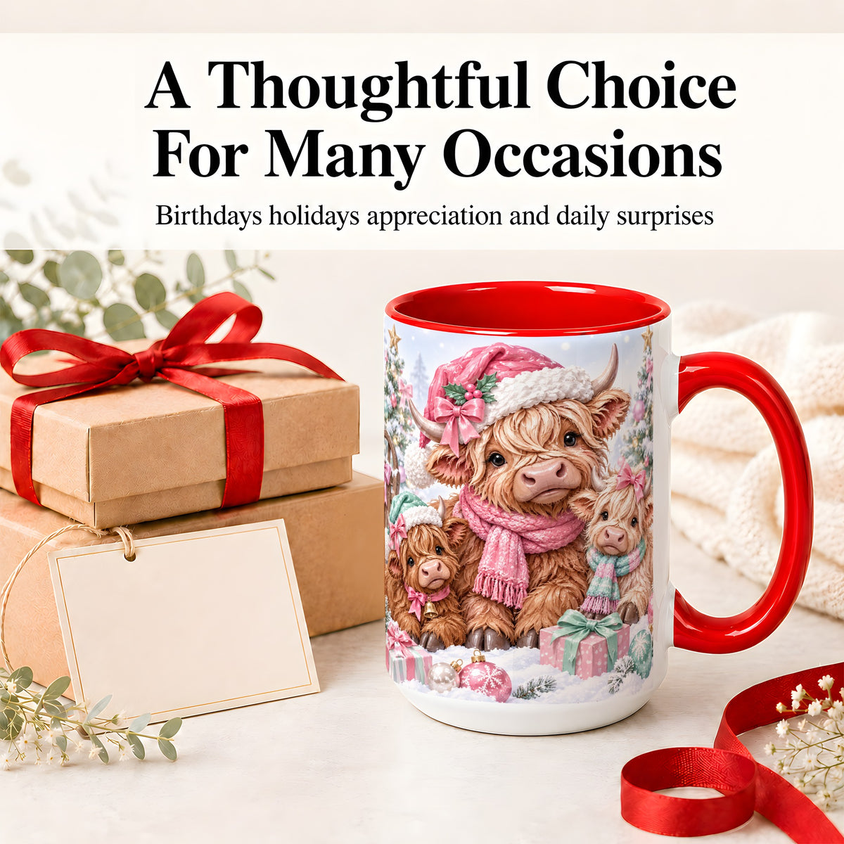 #pl[15oz|Red] Highland Cow Christmas Ceramic Mug, Pink Winter Holiday Artwork