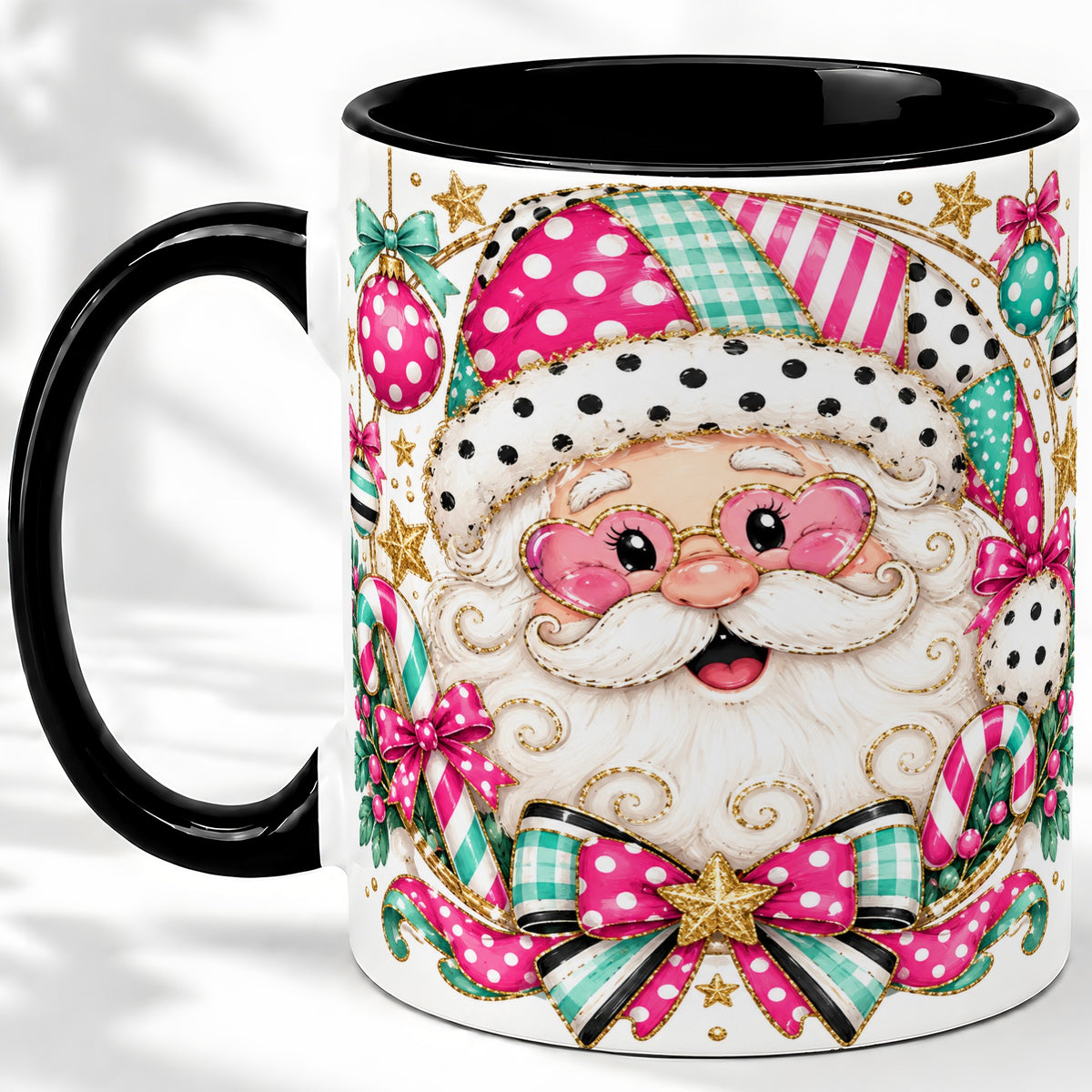 #pl[11oz|Black] Patchwork Santa Ceramic Mug, Pink Teal Christmas Holiday Artwork