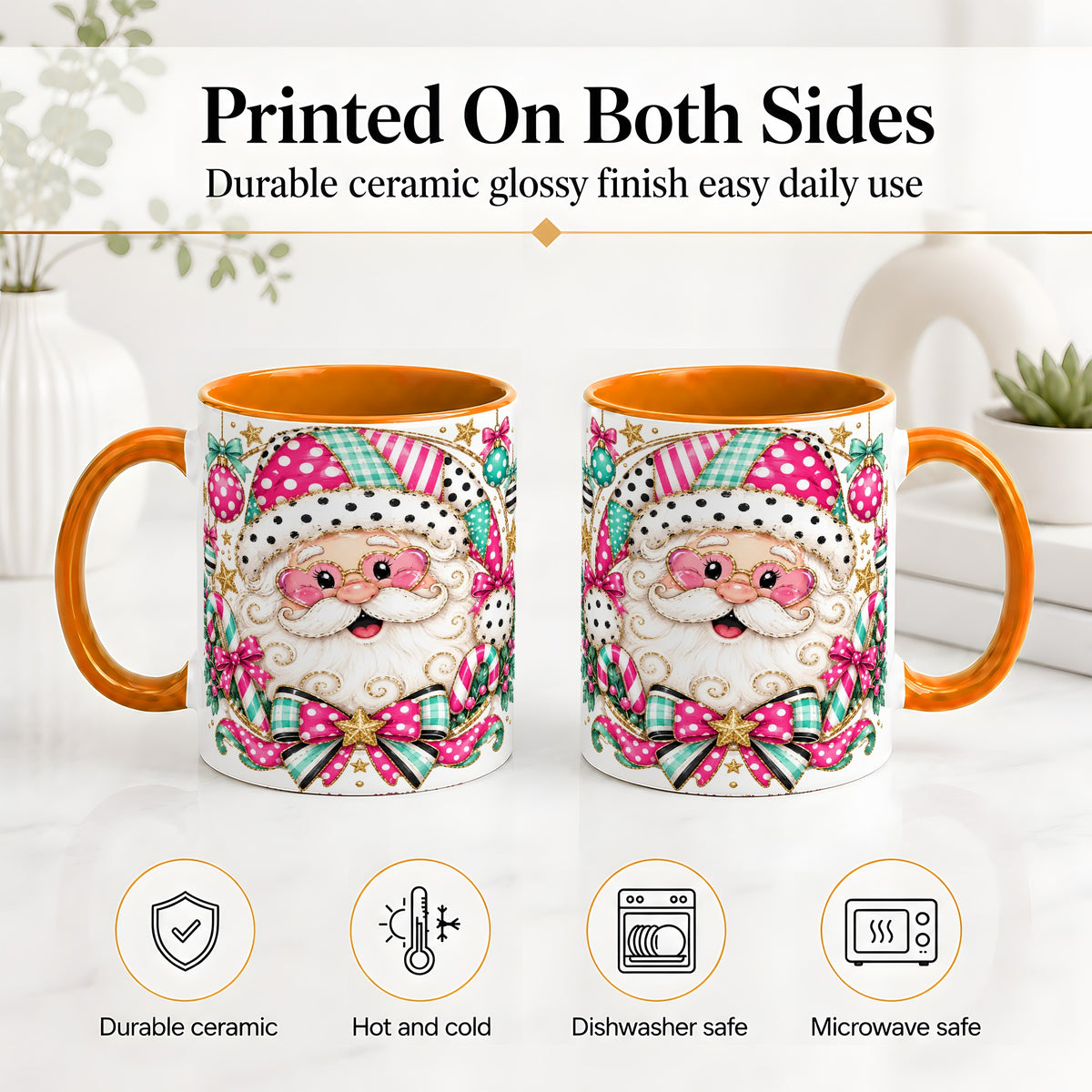 #pl[11oz|Orange] Patchwork Santa Ceramic Mug, Pink Teal Christmas Holiday Artwork
