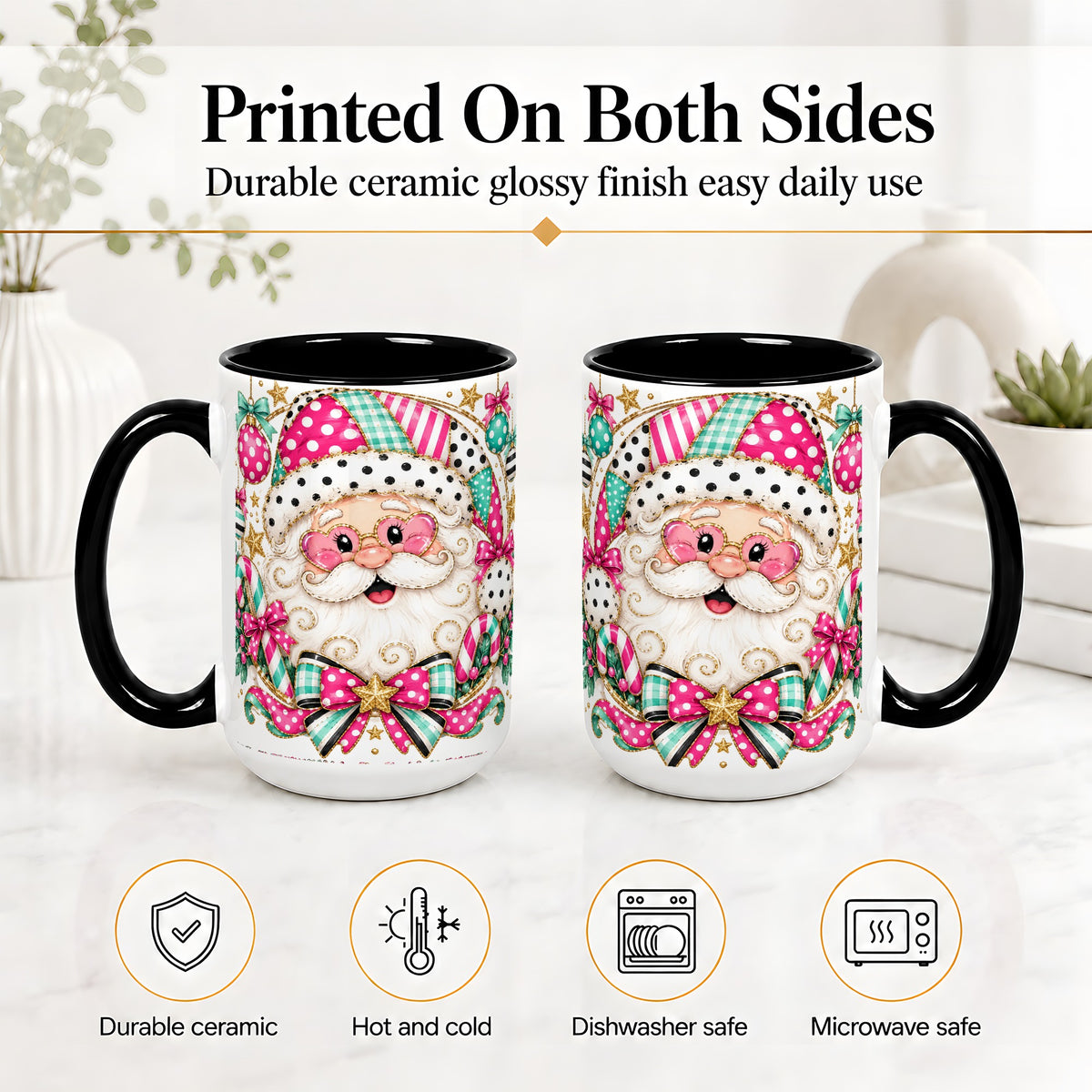 #pl[15oz|Black] Patchwork Santa Ceramic Mug, Pink Teal Christmas Holiday Artwork