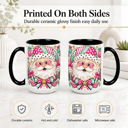 #pl[15oz|Black] Patchwork Santa Ceramic Mug, Pink Teal Christmas Holiday Artwork
