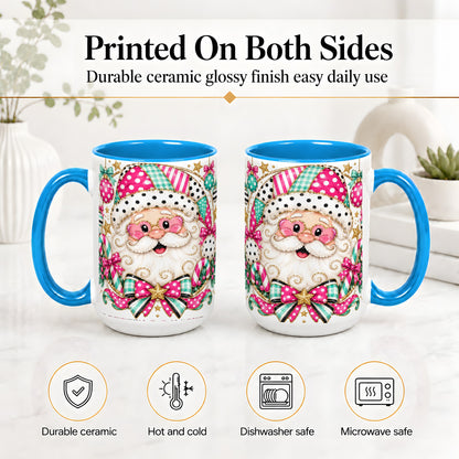 #pl[15oz|Blue] Patchwork Santa Ceramic Mug, Pink Teal Christmas Holiday Artwork