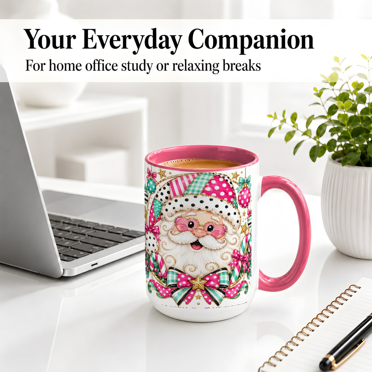 #pl[15oz|Pink] Patchwork Santa Ceramic Mug, Pink Teal Christmas Holiday Artwork