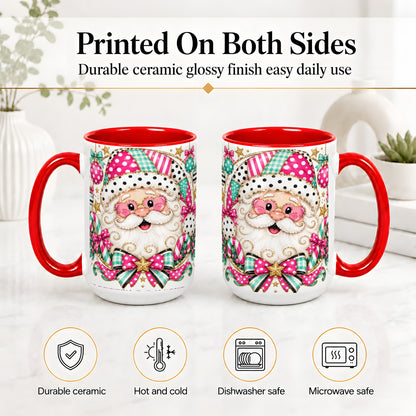 #pl[15oz|Red] Patchwork Santa Ceramic Mug, Pink Teal Christmas Holiday Artwork