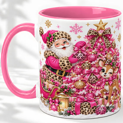 #pl[11oz|Pink] Pink Leopard Santa Ceramic Mug, Reindeer Christmas Tree Artwork