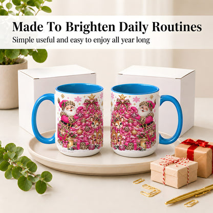 #pl[15oz|Blue] Pink Leopard Santa Ceramic Mug, Reindeer Christmas Tree Artwork