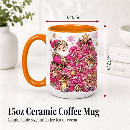 #pl[15oz|Orange] Pink Leopard Santa Ceramic Mug, Reindeer Christmas Tree Artwork