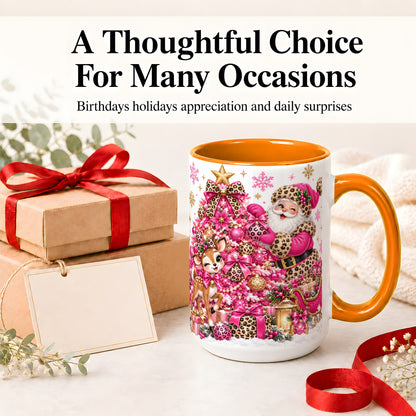 #pl[15oz|Orange] Pink Leopard Santa Ceramic Mug, Reindeer Christmas Tree Artwork